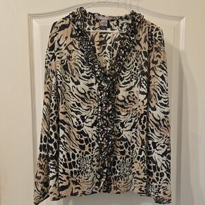TanJay Animal Print Bell Sleeve Ruffled Button Up Blouse